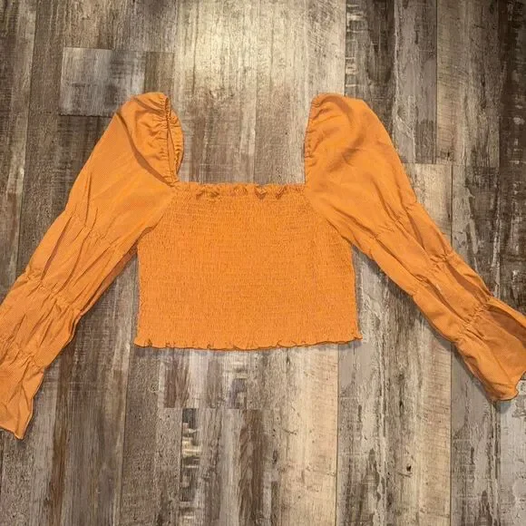 Boho Orange Ruched Smocked Long Sleeve Crop Top Small - Picture 1 of 2